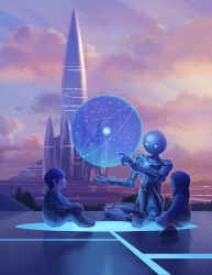 1boy 1girl cloud cover cover_page floor fmu hologram long_hair magazine_cover original realistic robot rocket rocket_ship science_fiction short_hair sitting sky smile spacecraft teacher teaching