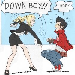 Rule 34 | 1boy, 1girl, aviator sunglasses, black hair, black jacket, black shoes, black skirt, blonde hair, brown gloves, cez, commentary, denim, down boy!! (meme), english text, from side, gloves, green eyes, high heels, highres, jacket, jeans, meme, no more heroes, pants, paw pose, pencil skirt, pointing, pointing down, red jacket, red shoes, shoes, short hair, single glove, skirt, speech bubble, spiked hair, squatting, sunglasses, sylvia christel, symbol-only commentary, torn clothes, torn jeans, torn pants, travis touchdown, twintails