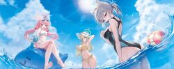 Rule 34 | bare legs, bare shoulders, barefoot, bikini, blue archive, blue eyes, blue halo, competition swimsuit, green bikini, green eyes, green hair, green halo, grey hair, halo, heterochromia, highres, hoshino (blue archive), hoshino (swimsuit) (blue archive), mii ee2, navel, nonomi (blue archive), nonomi (swimsuit) (blue archive), one-piece swimsuit, pink hair, pink halo, shiroko (blue archive), shiroko (swimsuit) (blue archive), swimsuit, thighs, white bikini, yellow eyes