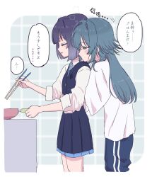 Rule 34 | 2girls, black skirt, black vest, blue pants, blush, chopsticks, closed eyes, closed mouth, collared shirt, commentary, cooking, gakuen idolmaster, green eyes, green hair, hataya misuzu, head on another&#039;s shoulder, highres, holding, holding chopsticks, hug, hug from behind, idolmaster, long sleeves, morning, multiple girls, pants, parted lips, purple hair, shirt, short hair, skirt, smile, soy ojuice, speech bubble, track pants, translation request, tsukimura temari, vest, waking up, white shirt, yuri