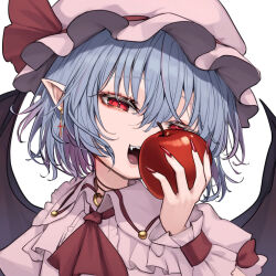 Rule 34 | 1girl, apple, ascot, bat wings, blue hair, collared shirt, commentary request, cross, cross earrings, earrings, fangs, fingernails, food, frilled shirt collar, frills, fruit, hair between eyes, hat, hat ribbon, holding, holding food, holding fruit, jewelry, long fingernails, looking at viewer, mikan (manmarumikan), mob cap, open mouth, pink hat, pink shirt, puffy short sleeves, puffy sleeves, red ascot, red eyes, red nails, red ribbon, remilia scarlet, ribbon, sharp fingernails, shirt, short hair, short sleeves, solo, touhou, wings, wrist cuffs