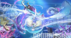 1girl absurdres air_bubble bubble chinese_clothes commission dazz_(daito) digimon digimon_(creature) dragon dress fish full_body highres palace puyoyomon ryugumon signature underwater white_dress
