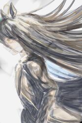 Rule 34 | 1girl, ahoge, animal ears, black coat, black hair, black shirt, black skirt, closed mouth, coat, earrings, floating hair, grey hair, hair between eyes, highres, horse ears, horse girl, jewelry, long bangs, long hair, long hair between eyes, long sleeves, manhattan cafe (umamusume), multicolored hair, shirt, simple background, skirt, solo, umamusume, user egrr2355, very long hair, white background, yellow eyes