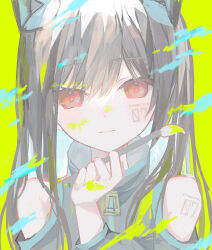 Rule 34 | 1girl, absurdres, aqua hair, brown hair, closed mouth, colored inner hair, colorful, detached sleeves, green background, highres, irodori warabi, long hair, multicolored hair, number tattoo, original, red eyes, tattoo, upper body