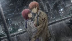 1boy 1girl absurdres angel_beats! artist_name blue_necktie blue_sailor_collar blue_skirt building cloud commentary commission covered_eyes english_commentary hair_over_eyes highres hug iwasawa_masami jacket necktie night night_sky open_clothes open_jacket orange_hair otonashi_yuzuru outdoors pleated_skirt purple_hair rain sailor_collar school_uniform second-party_source shinda_sekai_sensen_uniform shiredora shirt short_hair short_sleeves skirt sky wet wet_clothes white_shirt yellow_jacket