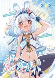 Rule 34 | 1girl, :d, arm up, artist name, bare shoulders, blue hair, blue hairband, body markings, braid, breasts, character name, commentary, cowboy shot, crop top, english text, fingerless gloves, genshin impact, gloves, hairband, highres, holding, holding surfboard, long hair, looking at viewer, low twin braids, mualani (genshin impact), navel, open mouth, red eyes, small breasts, smile, solo, standing, stomach, surfboard, symbol-shaped pupils, tan, twin braids, yukomeow