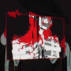 1boy aleph_(reverse:1999) black_background black_liquid black_mask cracked_mask gloves highres holding_painting in_shadow long_hair oji-sama_(ochi4t) painting_(object) portrait_(object) red_gloves red_hair reverse:1999 shirt solo white_shirt