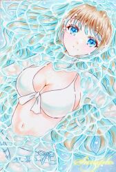 1girl bikini blue_eyes breasts brown_hair cleavage frilled_bikini frills front-tie_bikini_top front-tie_top long_hair navel original partially_submerged side-tie_bikini_bottom solo swimsuit tanpopo_no_hana water white_bikini