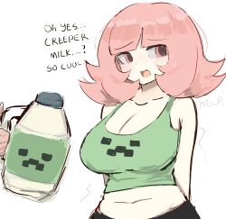 1girl absurdres bare_shoulders blush bottle breasts brown_hair cleavage collarbone danganronpa_(series) danganronpa_2:_goodbye_despair english_text fang flipped_hair green_shirt highres large_breasts m3link milk_bottle minecraft nanami_chiaki navel no_mole pink_eyes shirt shorts simple_background solo white_background