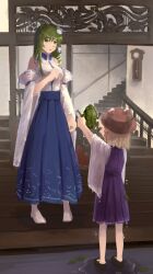 2girls animal architecture bare_shoulders blonde_hair blue_skirt bo_cota breasts brown_hat brown_shoes clock collared_shirt detached_sleeves dress dripping east_asian_architecture frog frog_hair_ornament green_eyes green_hair hair_ornament hair_ribbon hair_tubes hat highres holding holding_animal kochiya_sanae large_breasts long_hair long_skirt long_sleeves looking_at_another medium_hair moriya_suwako multiple_girls print_skirt puddle purple_dress red_ribbon ribbon ribbon-trimmed_sleeves ribbon_trim shirt shoes single_hair_tube single_sidelock skirt skirt_set sleeve_ribbon sleeveless sleeveless_shirt snake_hair_ornament socks touhou wet wet_clothes white_sleeves white_socks wide_sleeves wing_collar