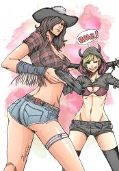 Rule 34 | 2girls, absurdres, alternate costume, belt, blonde hair, bra, breasts, brown hair, claire redfield, cleavage, cowboy hat, cowboy western, english text, gun, hair over eyes, handgun, hat, highres, large breasts, long hair, midriff, moira burton, multiple girls, navel, pistol, resident evil, resident evil: revelations, resident evil: revelations 2, short hair, shorts, signature, speech bubble, thighhighs, tryvor, underwear, weapon
