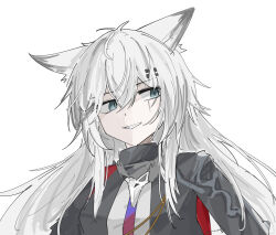 Rule 34 | 1girl, animal ears, aqua eyes, arknights, black jacket, bolo tie, commentary, enunomiya, grey hair, grin, hair between eyes, hair ornament, hairclip, highres, jacket, lappland (arknights), lappland the decadenza (arknights), long hair, looking to the side, portrait, sideways glance, simple background, sketch, smile, solo, white background, wolf ears, wolf girl