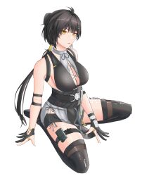 1girl absurdres bare_shoulders black_boots black_dress black_gloves black_hair black_shorts black_thighhighs boots breasts cheocolate cross-laced_clothes cross-laced_dress dress female_rover_(wuthering_waves) gloves highres large_breasts long_hair looking_at_viewer parted_lips rover_(wuthering_waves) short_shorts shorts simple_background sleeveless sleeveless_dress solo tacet_mark_(wuthering_waves) thigh_boots thigh_strap thighhighs thighhighs_under_boots white_background wuthering_waves yellow_eyes