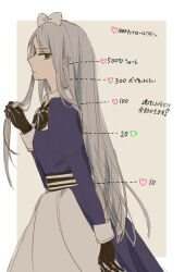 1girl apron arrow_(symbol) axis_powers_hetalia belarus_(hetalia) black_bow black_bowtie black_eyes black_gloves border bow bowtie closed_mouth commentary_request cowboy_shot dress from_side gloves grey_background grey_hair hair_bow hand_up heart highres holding holding_own_hair juliet_sleeves kiri_no1020 long_hair long_sleeves looking_at_viewer outside_border puffy_sleeves purple_dress sidelocks simple_background solo standing twitter_cutting_game white_apron white_border white_bow