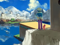 Rule 34 | 00s, 1boy, bad id, bad pixiv id, blue hair, cloud, day, gen 3 pokemon, gym leader, hat, luvdisc, male focus, mountain, nature, nintendo, ocean, pokemon, pokemon (creature), pokemon rse, reflection, scenery, sky, standing, tree, ucchii, wallace (pokemon), wingull