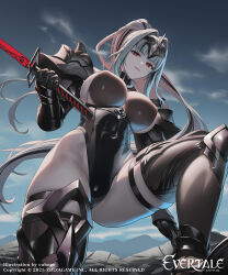Rule 34 | 1girl, armor, artist name, black hair, black leotard, black streaks, blue sky, bracer, breasts, circlet, closed mouth, cloud, cloudy sky, copyright name, corruption, cuboon, cuisses, curvy, day, evertale, from below, gauntlets, gorget, groin, hair intakes, highleg, highleg leotard, highres, holding, holding sword, holding weapon, impossible clothes, impossible leotard, katana, knee guards, kneeling, large breasts, leotard, long hair, looking at viewer, looking down, ludmilla (evertale), mountain, mountainous horizon, multicolored hair, official alternate costume, official alternate eye color, official alternate hair color, official alternate skin color, official art, pale skin, pauldrons, red eyes, revealing clothes, shoulder armor, sideboob, sidelocks, skin tight, skindentation, sky, solo, streaked hair, sword, thigh strap, tsuba (guard), tsuka-ito, tsuka (handle), two-tone hair, very long hair, weapon, white hair