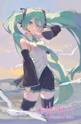 1girl absurdres ahoge aqua_eyes aqua_hair ascot bird bird_tail bird_wings black_thighhighs blue_ascot breasts commentary detached_sleeves gwsscz hair_between_eyes hair_ornament hatsune_miku headphones highres long_hair long_sleeves looking_at_viewer medium_breasts miniskirt ocean parted_lips shirt skirt smile solo tail thighhighs twintails vocaloid water white_shirt wide_sleeves wings zettai_ryouiki