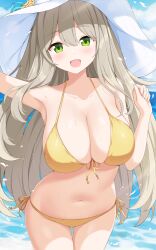 1girl :d absurdres arm_up bikini blonde_hair blue_archive blue_sky blush breasts cleavage cloud cowboy_shot day enru gluteal_fold green_eyes hand_up hat highres large_breasts looking_at_viewer navel nonomi_(blue_archive) nonomi_(swimsuit)_(blue_archive) ocean official_alternate_costume open_mouth outdoors side-tie_bikini_bottom sky smile solo stomach sun_hat swimsuit thighs wet white_hat yellow_bikini
