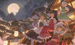 6+girls absurdres animal_ears apron ascot bat_wings black_bow black_bowtie black_hairband black_hat black_skirt black_vest blonde_hair blue_eyes blue_hair blue_tabard bow bowtie braid brown_hair cat_ears chen chinese_commentary commentary_request crystal crystal_wings cup detached_sleeves flandre_scarlet frilled_bow frilled_hair_tubes frills full_moon green_eyes green_hat green_skirt green_vest grey_hair hair_bow hair_ornament hair_rings hair_stick hair_tubes hairband hakurei_reimu hat hat_bow hat_ribbon highres hitodama_print holding holding_cup holding_umbrella kaku_seiga katana kirisame_marisa konpaku_youmu kozawa_kazahana long_hair lying midriff mob_cap moon multicolored_wings multiple_girls multiple_swords navel on_back on_roof open_clothes open_mouth open_vest outdoors parasol puffy_short_sleeves puffy_sleeves purple_tabard red_bow red_eyes red_skirt red_vest remilia_scarlet ribbon ribbon-trimmed_sleeves ribbon_trim sheath sheathed short_sleeves siblings side_braid single_braid sisters sitting skirt skirt_set smile sword sword_on_back tabard touhou umbrella very_long_hair vest waist_apron weapon weapon_on_back white_apron white_bow white_hat white_vest wings witch_hat yakumo_ran yakumo_yukari yellow_ascot