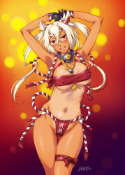 1girl armpits arms_up black_gloves breasts chest_sarashi collar commission fundoshi glasses gloves hair_between_eyes japanese_clothes kantai_collection large_breasts long_hair looking_at_viewer metal_collar musashi_(kancolle) navel one-piece_tan pixiv_commission pointy_hair red_eyes sakuramon sameha_ikuya sarashi semi-rimless_eyewear solo tan tanline twintails under-rim_eyewear underwear underwear_only very_long_hair white_hair