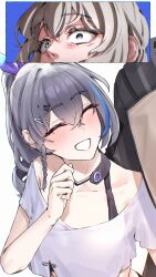 2girls ^_^ absurdres black_choker blush bra_strap choker closed_eyes commentary_request constricted_pupils firefly_(honkai:_star_rail) grey_hair grin hand_up highres honkai:_star_rail honkai_(series) korean_commentary long_hair multiple_girls pyeong_il shirt short_sleeves silver_wolf_(honkai:_star_rail) smile upper_body white_shirt