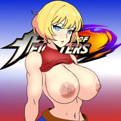 1girl blonde_hair blue_eyes blue_mary breasts breasts_out curvy denim female_focus huge_breasts jeans large_areolae large_breasts looking_at_viewer nipples pale_skin pants short_hair the_king_of_fighters undressing