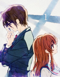 Rule 34 | 1boy, 1girl, 621 joker 123, asahina mikuru, blazer, blue sailor collar, brown hair, collared shirt, commentary request, from side, green jacket, highres, jacket, kita high school uniform, koizumi itsuki, long hair, long sleeves, necktie, red necktie, sailor collar, school emblem, school uniform, serafuku, shirt, short hair, suzumiya haruhi no yuuutsu, white shirt, winter uniform