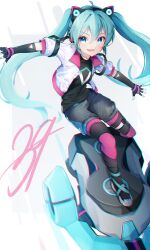 1girl 39 absurdres ahoge animal_ear_headphones animal_ears aqua_hair aqua_nails biker_clothes bikesuit black_boots black_shirt black_shorts blue_eyes bodysuit boots breasts cat_ear_headphones commentary diva_macchina elbow_gloves english_commentary fake_animal_ears fingerless_gloves full_body gloves hair_between_eyes hatsune_miku headphones highres hoverboard jacket ketyara leggings long_hair looking_at_viewer lower_teeth_only motor_vehicle open_clothes open_jacket pink_leggings pink_trim shirt short_sleeves shorts sidelocks small_breasts smile solo sonic_(series) sonic_racing:_crossworlds standing teeth twintails very_long_hair vocaloid white_jacket