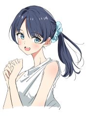 Rule 34 | 1girl, :d, alternate costume, armpit crease, bare shoulders, bien (djpwjd1), blue eyes, blue hair, blue scrunchie, blush, cropped torso, hair ornament, hair scrunchie, highres, link! like! love live!, long hair, looking at viewer, love live!, murano sayaka, open mouth, own hands together, ponytail, round teeth, scrunchie, shirt, simple background, sleeveless, sleeveless shirt, smile, solo, teeth, upper body, upper teeth only, virtual youtuber, white background, white shirt