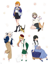 5girls arashi_chisato artbook beret black_hair black_skirt blonde_hair blue_eyes blue_jacket cat dress full_body green_dress green_eyes grey_hair hair_between_eyes hat hazuki_ren heanna_sumire high_heels highres jacket long_hair long_skirt love_live! love_live!_superstar!! miniskirt multiple_girls non-web_source official_art one_eye_closed open_clothes open_mouth orange_eyes orange_hair pants purple_eyes red_eyes shibuya_kanon shirt short_hair sitting skirt smile socks standing tang_keke twintails white_hair white_shirt