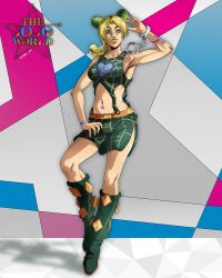 1girl animal_print belt belt_buckle blonde_hair blue_eyes boots bracelet braid buckle butterfly_print butterfly_tattoo commentary cone_hair_bun crop_top cuffs double_bun english_commentary genda_art green_boots green_hair green_lips green_nails green_skirt green_tank_top hair_bun handcuffs heart_ornament highres jewelry jojo_no_kimyou_na_bouken kuujou_jolyne makeup midriff multicolored_hair navel_piercing official_style orange_belt piercing skirt solo spider_web_print stone_ocean tank_top tattoo two-tone_hair
