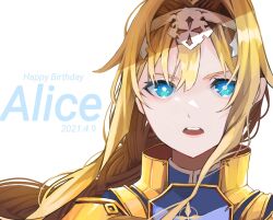 1girl 2021 alice_zuberg blonde_hair blue_eyes blue_shirt braid braided_ponytail character_name commentary dated english_commentary english_text etain_(e_t_a_i_n) gold_trim hair_intakes happy_birthday headband high_collar highres lips long_bangs long_hair looking_at_viewer open_mouth portrait shirt solo sword_art_online sword_art_online:_alicization teeth upper_teeth_only white_headband
