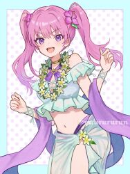 1girl bikini blush breasts cleavage criss-cross_halter fire_emblem fire_emblem:_the_blazing_blade fire_emblem_heroes flower hair_flower hair_ornament halterneck highres long_hair medium_breasts navel nintendo official_alternate_costume open_mouth pink_hair purple_bikini purple_eyes purple_shawl sarong see-through_clothes serra_(fire_emblem) serra_(summer)_(fire_emblem) shawl smile solo swimsuit twintails yuurururun