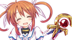 Rule 34 | 00s, 1girl, :d, blood, blush, closed eyes, false smile, female focus, hair ribbon, lyrical nanoha, magical girl, mahou shoujo lyrical nanoha, miyao ryuu, open mouth, puffy sleeves, raising heart, raising heart (device mode) (1st), red hair, ribbon, side ponytail, simple background, smile, solo, takamachi nanoha, twintails, white background, white devil, yandere