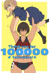 2girls buruma english_text gym_uniform height_difference highres kei_(m_k) lifting_person m_k milestone_celebration multiple_girls original ponytail rika_(m_k) school_uniform tall_female tomboy track_uniform yuri