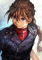 1boy black_jacket braid braided_ponytail brown_hair duo_maxwell gundam gundam_wing hungry_clicker jacket purple_eyes red_shirt shirt solo upper_body