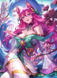1girl absurdres ahri_(league_of_legends) animal_ear_fluff animal_ears bell blue_eyes box_(hotpppink) breasts cherry_blossoms cleavage commentary crossed_legs english_commentary facial_mark fox_ears fox_girl fox_tail hair_bell hair_between_eyes hair_ornament hair_over_shoulder heart highres japanese_clothes kimono kitsune kyuubi large_breasts league_of_legends long_hair looking_at_viewer multiple_tails open_mouth outdoors pink_hair single_bare_shoulder smile solo spirit_blossom_ahri tail white_kimono