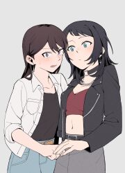 2girls bang_dream! bang_dream!_it&#039;s_mygo!!!!! black_choker black_hair black_jacket black_shirt blue_eyes blue_skirt blush breasts brown_hair bush chinese_commentary choker cleavage closed_mouth commentary_request earrings grey_background grey_skirt highres holding_hands jacket jewelry long_hair medium_hair midriff mole mole_under_eye multiple_girls necklace o-ring o-ring_choker open_clothes open_jacket purple_eyes r_bishh red_shirt shiina_taki shirt simple_background skirt sweatdrop white_jacket yahata_umiri yuri