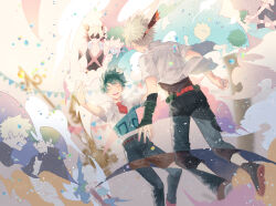 2boys ^_^ abstract_background absurdres age_progression aged_down angry aqua_bodysuit arm_grab bakugou_katsuki bare_shoulders belt belt_buckle black_jacket black_mask black_pants black_shirt black_tank_top blonde_hair blue_pants blue_shirt blurry blurry_background blurry_foreground blush boku_no_hero_academia brown_belt brown_shorts bruise bruise_on_arm buckle butterfly_net buttons child clenched_teeth closed_eyes closed_mouth clothes_grab cloud collared_shirt colored_shoe_soles commentary confetti detached_sleeves eye_mask face-to-face facing_another falling feet_out_of_frame floating_clothes freckles gakuran gloves green_gloves green_hair hand_net hand_on_another&#039;s_hand hand_on_another&#039;s_mouth hand_up hands_up happy headgear high_collar highres holding holding_butterfly_net injury jacket jacket_grab leaning_forward male_focus mask mask_around_neck mawaru_(ajan) midair midoriya_izuku mouth_mask multiple_boys necktie no_eyes no_mouth open_clothes open_collar open_mouth open_shirt orange_gloves outstretched_arms pants popped_collar red_necktie remembering revealing_layer round_teeth scar scar_on_hand scared school_uniform scowl scratches shirt shoe_soles short_hair short_sleeves shorts side-by-side sideways_mouth sleeveless smile smoke spiked_hair spoilers spread_arms string_of_flags summer_uniform sweatdrop t-shirt tank_top teeth topless_male torn_clothes two-tone_gloves u.a._school_uniform upper_teeth_only v-neck wavy_mouth white_gloves white_shirt wrist_guards x