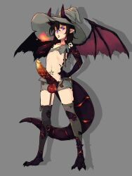 Rule 34 | 1boy, absurdres, black hair, commission, dragon boy, dragon horns, dragon tail, erection, face piercing, garter straps, grey hat, hat, highres, horns, large penis, lip piercing, medium hair, original, penis, piercing, pointy ears, purple eyes, short shorts, shorts, single garter strap, tail, thighhighs, todding, torn clothes, torn thighhighs, witch hat