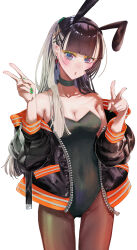 1girl animal_ear_hairband animal_ears black_choker black_hair black_leotard black_pantyhose blonde_hair breasts chiyokurayuki choker cleavage covered_navel double_v earrings fake_animal_ears green_nails grey_eyes hair_ornament hairband hairclip highres hololive hololive_dev_is jacket jewelry juufuutei_raden leotard long_hair looking_at_viewer multicolored_hair open_clothes open_jacket pantyhose playboy_bunny rabbit_ear_hairband rabbit_ears simple_background solo standing streaked_hair two-tone_hair v virtual_youtuber white_background