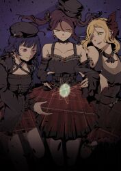 3girls :d black_hat black_shirt blonde_hair breasts cleavage closed_mouth collarbone commentary dark english_commentary feet_out_of_frame guilty_kiss_(love_live!) half-closed_eyes hat highres kiko_ycr long_hair love_live! love_live!_sunshine!! medium_breasts medium_hair miniskirt multiple_girls official_alternate_costume ohara_mari open_mouth parted_lips pink_eyes plaid_clothes plaid_skirt purple_background purple_hair red_hair red_skirt sakurauchi_riko see-through_cleavage see-through_clothes shirt shooting_star_warrior_(love_live!) skirt sleeveless sleeveless_shirt smile tsushima_yoshiko twintails yellow_eyes