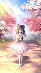 2girls bag blue_eyes blue_sky blush bow branch brown_hair cherry_blossoms closed_mouth cloud commentary_request day dress follower_(identity_v) frilled_dress frills grey_shoes hair_bow hair_intakes handbag heterochromia highres identity_v looking_at_viewer mini_person minigirl multiple_girls outdoors pantyhose pink_dress pleated_dress purple_bow red_eyes shoes short_sleeves shoulder_bag sky smile sunlight tempy_(rinsia) tree white_pantyhose