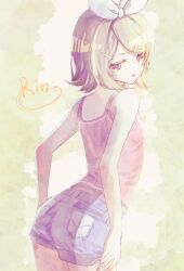 1girl aqua_eyes ass bare_shoulders blonde_hair blue_shorts bow character_name commentary denim denim_shorts english_text from_behind hair_bow hair_ornament hairclip half-closed_eyes halka heart highres kagamine_rin looking_down medium_hair open_mouth red_tank_top shorts solo tank_top thighs vocaloid watercolor_effect white_bow