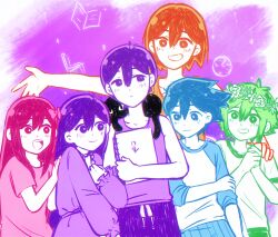 Rule 34 | 2girls, 4boys, alternate color, alternate costume, alternate universe, antenna hair, aubrey (headspace) (omori), aubrey (omori), bailan1130, basil (headspace) (omori), basil (omori), black shorts, blue eyes, blue hair, blush, bow, bright pupils, cat, closed mouth, collarbone, colored skin, hair bow, hero (headspace) (omori), hero (omori), highres, holding, holding sketchbook, kel (headspace) (omori), kel (omori), long hair, long sleeves, looking at another, mari (headspace) (omori), mari (omori), mewo, multiple boys, multiple girls, omori, omori (omori), open mouth, orange eyes, orange hair, pink bow, pink eyes, pink hair, purple eyes, purple tank top, shirt, short hair, short sleeves, shorts, sketchbook, smile, t-shirt, tank top, teeth, upper teeth only, white pupils, white skin