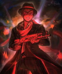 1boy absurdres ak-74 alternate_eye_color assault_rifle black_hat black_jacket black_pants collared_shirt danganronpa_(series) danganronpa_3_(anime) dark_persona dated eyelashes eyepatch fang fedora gloves grin gun hat highres holding holding_gun holding_weapon jacket kalashnikov_rifle kuzuryu_fuyuhiko kuzyachan long_sleeves male_focus pants purple_eyes rifle scarf shirt signature smile solo spoilers teeth weapon