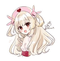 &gt;_&lt; 1girl :d brown_eyes brown_hair commentary_request cropped_torso dress from_side hair_ornament hat highres long_hair looking_at_viewer looking_to_the_side natori_sana natori_sana_(nurse) notice_lines nurse_cap open_mouth pink_hat puffy_short_sleeves puffy_sleeves rabbit_hair_ornament rino_cnc sana_channel short_sleeves simple_background smile solo twitter_username two_side_up upper_body v virtual_youtuber white_background white_dress
