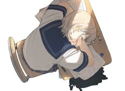 1girl bag blue_skirt brown_hair chair closed_eyes desk from_above head_on_table idolmaster idolmaster_shiny_colors mechanical_pencil open_mouth paper pencil plaid_clothes plaid_skirt sailor_collar school_bag school_chair school_desk school_uniform serizawa_asahi shirt short_hair short_sleeves simple_background sitting skirt sleeping solo tenoo12 white_background white_shirt