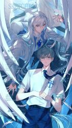 Rule 34 | 2boys, angel wings, basketweave, blue eyes, blue gemstone, blue necktie, blue pants, blue sash, brown eyes, cardcaptor sakura, chest jewel, chinese commentary, closed mouth, cowboy shot, dual persona, feathered wings, feathers, gem, glasses, grey hair, highres, interlocked fingers, long hair, long sleeves, looking at viewer, lying, male focus, mandarin collar, multiple boys, necktie, on back, on floor, on stomach, own hands together, pants, robe, sash, school uniform, shirt, shirt tucked in, short hair, short sleeves, sleeves past wrists, smile, sparkle, tanling, tomoeda high school uniform, tsukishiro yukito, very long hair, watermark, white feathers, white hair, white robe, white shirt, white wings, window shadow, wings, yue (cardcaptor sakura)