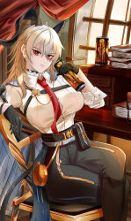 1girl absurdres ahoge black_choker black_gloves black_horns black_pants book book_stack breasts button_gap can chair chest_harness choker collared_shirt commentary_request crossed_legs curled_horns drink_can earrings echo_destiny folding_chair gloves grey_hair hair_between_eyes harness high-waist_pants highres horns jewelry key_earrings large_breasts long_hair looking_at_viewer mole mole_under_eye necktie pants parted_lips red_eyes red_necktie shirt shirt_tucked_in sitting solo white_shirt wuthering_waves zani_(wuthering_waves)